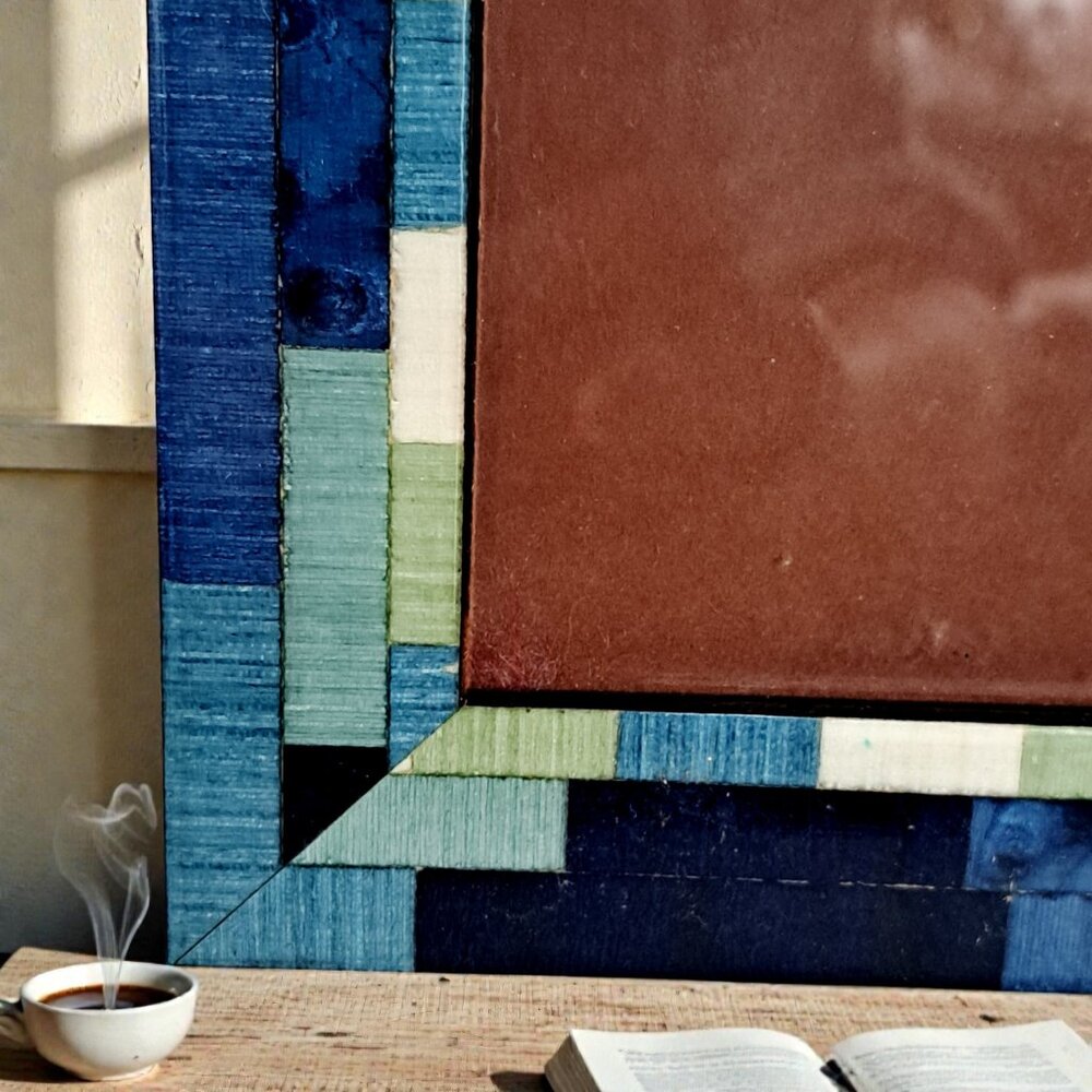 Natalini Italy Blue Wood Marquetry Inlay Frame 4x6 Geometric Mosaic Patchwork - Picture 2 of 13